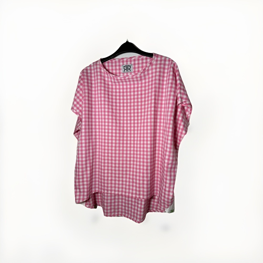 Double R by Ravi Ratan Tunic Top Blouse Gingham Pink White Size Med Cottagecore